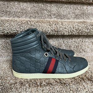 Gucci Men's GG Imprime Dark Grey Leather High Top Sneakers .